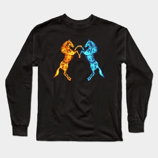 Flaming Fire And Ice Fighting Horses Long Sleeve T-Shirt